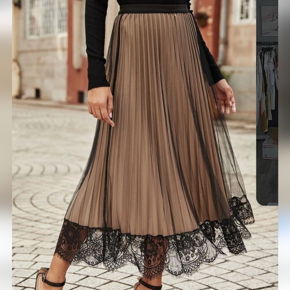 Contrast Lace Mesh Pleated Plissee Midi Maxi Skirt Illusion Sheer M Classy